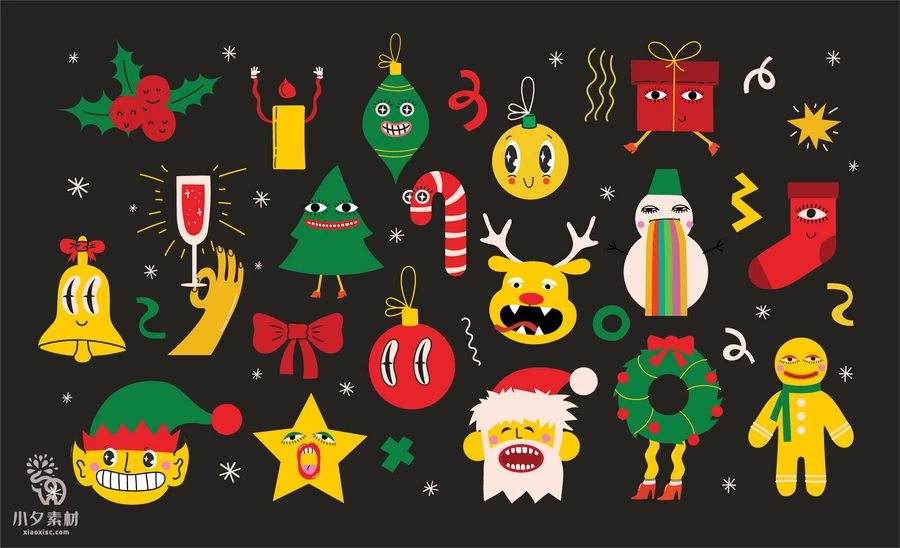 圣诞节圣诞老人圣诞树姜饼屋平安夜元素贴纸图案AI矢量设计素材【005】